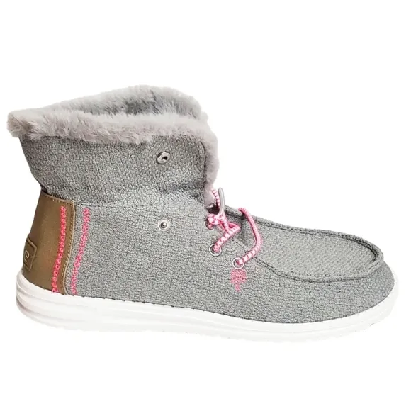 New Hey Dude Britt youth girls boho fold slip on shoes boots grey pink faux fur