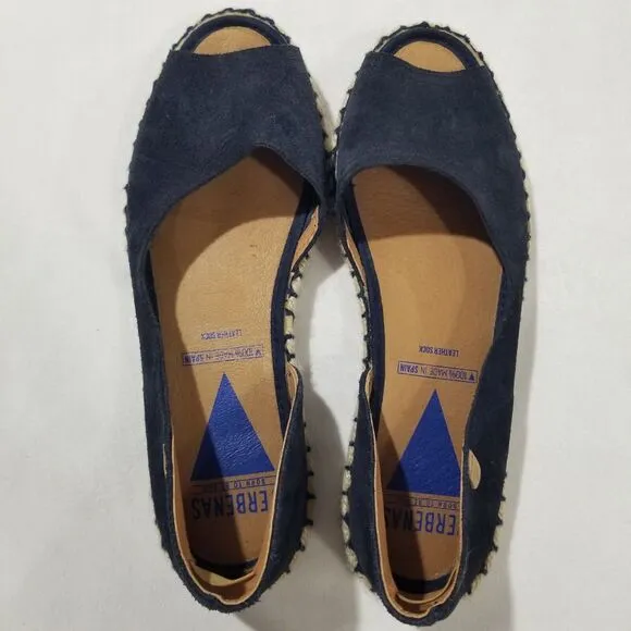 VERBENAS Sandal 8.5 39 Cruz Blue Espadrille Navy Peep Toe Leather Suede Canvas